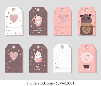 Set of  ready-to-use gift tags. Bear, cupcake, hot air balloon, hearts, cup. Printable collection of  Valentine's Day label warm colors. Vector design.