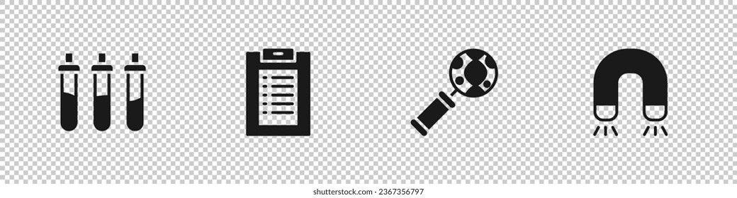 Set Reagent bottle, Clinical record, DNA research, search and Magnet icon. Vector