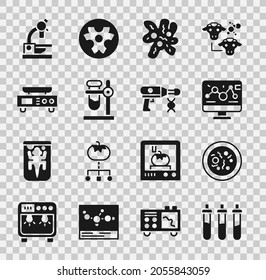 Set Reagent Botella, Petri plaquita con bacterias, modificación de ingeniería genética, Cell, base de frascos de tubo de ensayo, básculas electrónicas, Microscopio y Icono de pistola líquida de transferencia. Vector