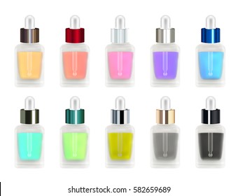 set of a real 3d colorful glass bottle with eye dropper