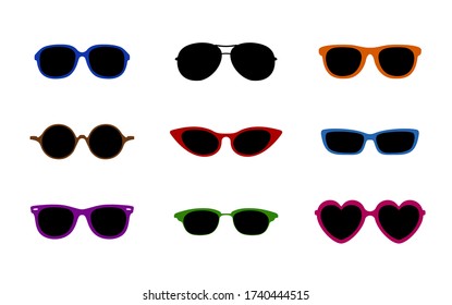 Set of real colorful style cute glasses. Party summer beach sunglasses icons in flat style isolated on white background. Vector illustartion.