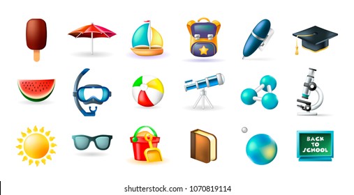 Set of Real Cute Beach and Education Elements on White Background . Isolated Vector Illustration