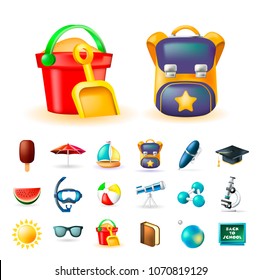Set of Real Cute Beach and Education Elements on White Background . Isolated Vector Illustration