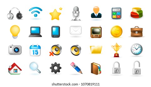 Set of Real Cute Business and Technology Elements on White Background . Isolated Vector Illustration 