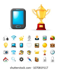 Set of Real Cute Business and Technology Elements on White Background . Isolated Vector Illustration