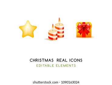 Set of Real Cute Christmas Elements on White Background . Isolated Vector Illustration