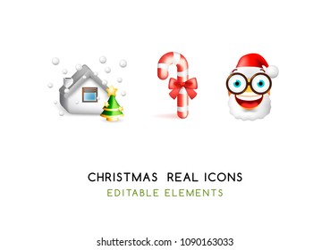 Set of Real Cute Christmas Elements on White Background . Isolated Vector Illustration