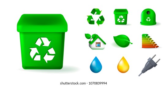 Set of Real Cute Ecology Elements on White Background . Isolated Vector Illustration 