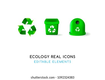 Set of Real Cute Ecology Elements on White Background . Isolated Vector Illustration 