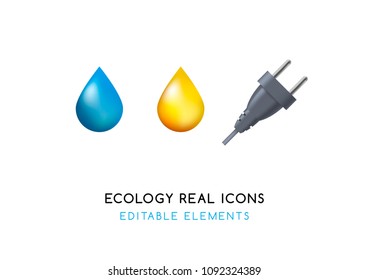 Set of Real Cute Ecology Elements on White Background . Isolated Vector Illustration 