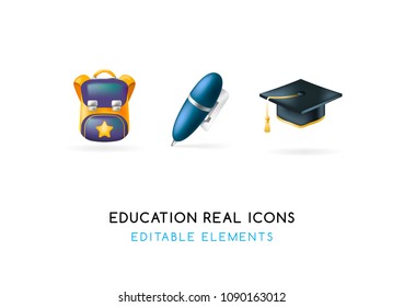 Set of Real Cute Education Elements on White Background . Isolated Vector Illustration