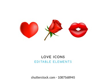 Set of Real Cute Love Elements on White Background . Isolated Vector Illustration