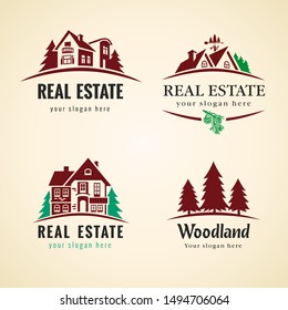 Set of Real Estate, building company and construction group logo vector design. Luxury architecture icons home or wood cottage house concept illustration, pine tree or spruce sign