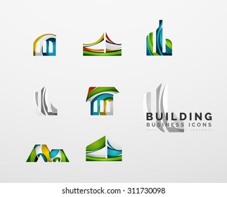 Set of real estate or building logo business icons. Created with overlapping colorful abstract waves and swirl shapes