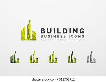 Conjunto de íconos comerciales de propiedades inmobiliarias o de logotipos de construcción. Creado con ondas abstractas y formas giratorias coloridas superpuestas