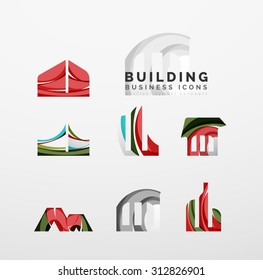 Conjunto de íconos comerciales de propiedades inmobiliarias o de logotipos de construcción. Creado con ondas abstractas y formas giratorias coloridas superpuestas