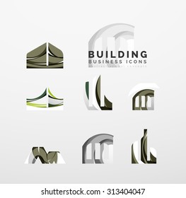 Conjunto de íconos comerciales de propiedades inmobiliarias o de logotipos de construcción. Creado con ondas abstractas y formas giratorias coloridas superpuestas