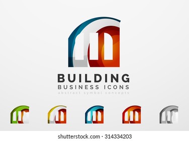 Conjunto de íconos comerciales de propiedades inmobiliarias o de logotipos de construcción. Creado con ondas abstractas y formas giratorias coloridas superpuestas