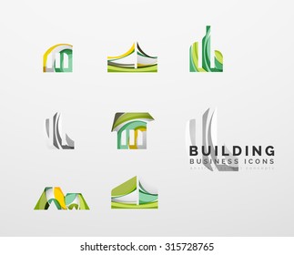 Conjunto de íconos comerciales de propiedades inmobiliarias o de logotipos de construcción. Creado con ondas abstractas y formas giratorias coloridas superpuestas