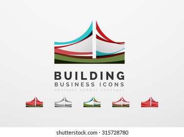 Conjunto de íconos comerciales de propiedades inmobiliarias o de logotipos de construcción. Creado con ondas abstractas y formas giratorias coloridas superpuestas