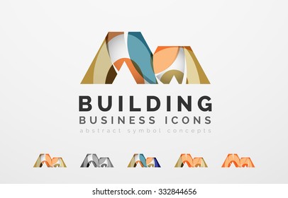 Conjunto de íconos comerciales de propiedades inmobiliarias o de logotipos de construcción. Creado con ondas abstractas y formas giratorias coloridas superpuestas