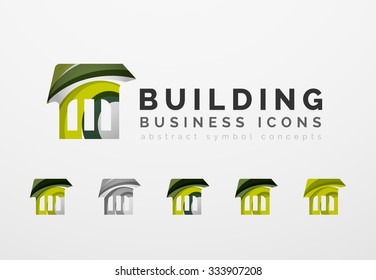 Set of real estate or building logo business icons. Created with overlapping colorful abstract waves and swirl shapes