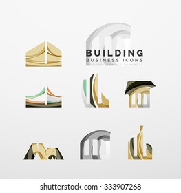 Conjunto de íconos comerciales de propiedades inmobiliarias o de logotipos de construcción. Creado con ondas abstractas y formas giratorias coloridas superpuestas