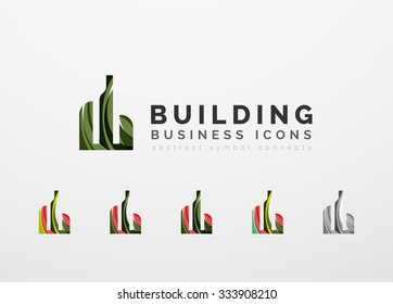 Conjunto de íconos comerciales de propiedades inmobiliarias o de logotipos de construcción. Creado con ondas abstractas y formas giratorias coloridas superpuestas