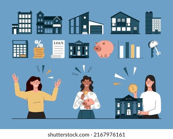 Set real estate. Collection of characters, documents confirming deal and houses. Persons invest savings, financial literacy concept. Cartoon flat vector illustrations isolated on blue background