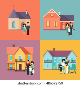 Set of real estate conceptual vectors in flat style design. Family standing near their houses. Buying a new place for living. Illustration for real estate company advertising, housing concepts.