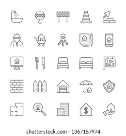 Set of Real Estate and Construction Line Icons. Bathroom, Industrial Crane, Road Barrier, Traffic Cone, Architect, Brick Wall, Floor Plan and more. Pack of 48x48 Pixel Icons