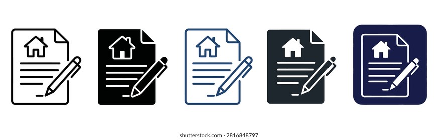 Set of real estate contract icons featuring a house document and a pen for signing property purchase agreements
