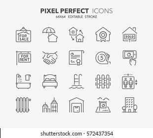 Set of real estate and homes thin line icons. Contains icons as land for sale, business office, insurance, deed of sale, apartments and more. Editable stroke. 64x64 Pixel Perfect.