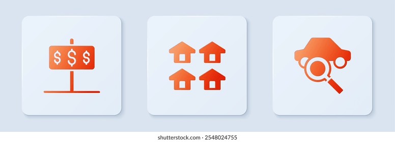 Set Real estate, House with dollar and Car sharing. White square button. Vector