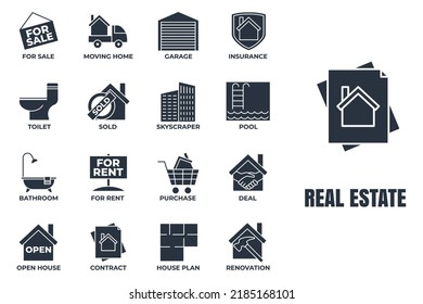 Set of Real Estate icon logo vector illustration. House pack symbol template. pool, contract, deal, for rent, renovation and more for graphic and web design collection