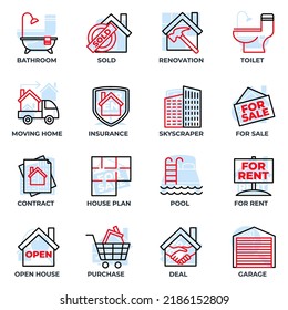 Set of Real Estate icon logo vector illustration. House pack symbol template. pool, contract, deal, for rent, renovation and more for graphic and web design collection