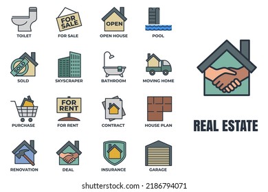 Conjunto de ilustraciones vectoriales del icono Inmobiliaria. Plantilla de símbolo del paquete de la casa. pool, contrato, contrato, alquiler, renovación y más para colección de diseño gráfico y web