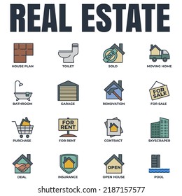Set of Real Estate icon logo vector illustration. House pack symbol template. pool, contract, deal, for rent, renovation and more for graphic and web design collection