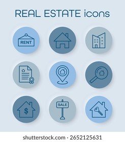 Set of real estate icons in circles with shadow effect. Includes house, key, rent, price, and search symbols. Clean flat style perfect for web, apps, presentations, and property design. Vector