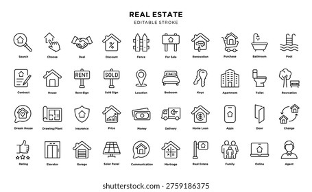 Set of real estate icons with editable stroke