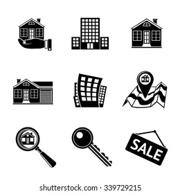 Set Of REAL ESTATE Icons - Landscape, House, Sale Tag, Big House, Key, Hand With House, Search Icon, Map, Skyscraper. Vector