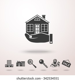 Set of REAL ESTATE icons - landscape, sale tag, big house, key, hand with house, search icon, map, skyscraper. Vector