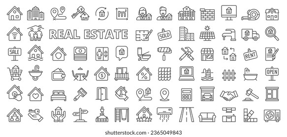 Set of Real estate icons in line design. House, key, realtor, construction, building, location, contract, mortgage, agency, house search, house insurance icons isolated on while background vector