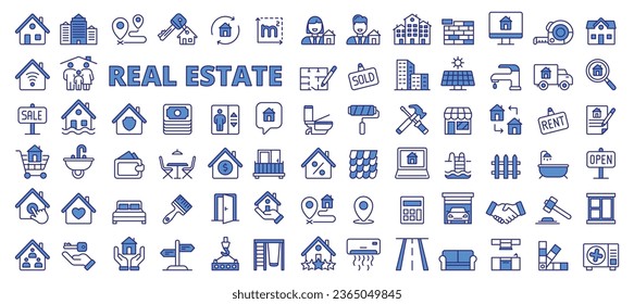 Set of Real estate icons in line design. House, key, realtor, construction, building, location, contract, mortgage, agency, house search, house insurance icons isolated on while background vector