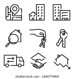 Set of Real Estate Icons. Simple Vector line icons. Containing icons as Map, Building, House, Home Search, Keys, Agreement, Price Drop. EPS 10