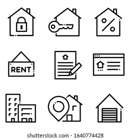 Set of Real Estate Icons. Simple Vector line icons. Containing icons as Lock, House Key, House Percentage, Rent Sign, Contract, Web Home, Building, Location, Pin, Garage. EPS 10