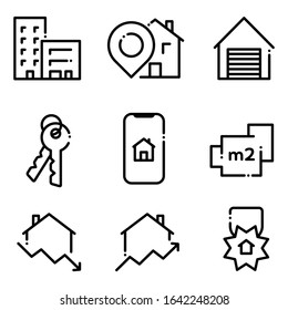 Set of Real Estate Icons. Simple Vector line icons. Containing icons as Building, House location, Garage, Keys, Phone Home Search, Square Feet, House Price Drop, House Price Rise, Medal. EPS 10