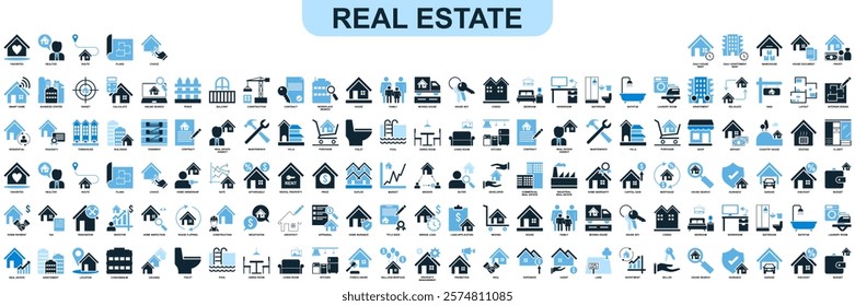 set of real estate icons vector, containing house home, owner, building sky scrapper, interior, buy and sell or rent