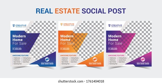 Set of real estate instagram post template design bundle vector. Editable modern square social media advertising banner layouts & digital marketing sale and discount promo social media poster.