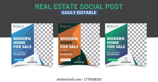 Set of Real estate instagram post promo social media sale poster template design vector. Modern digital marketing square social layout design & discount social media advertising design bundle.